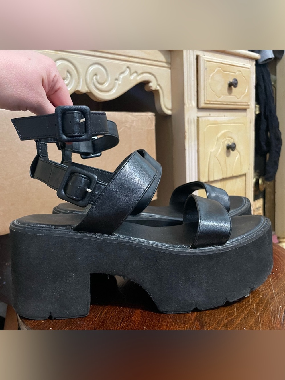 Black Chunky Platform Buckle Sandals